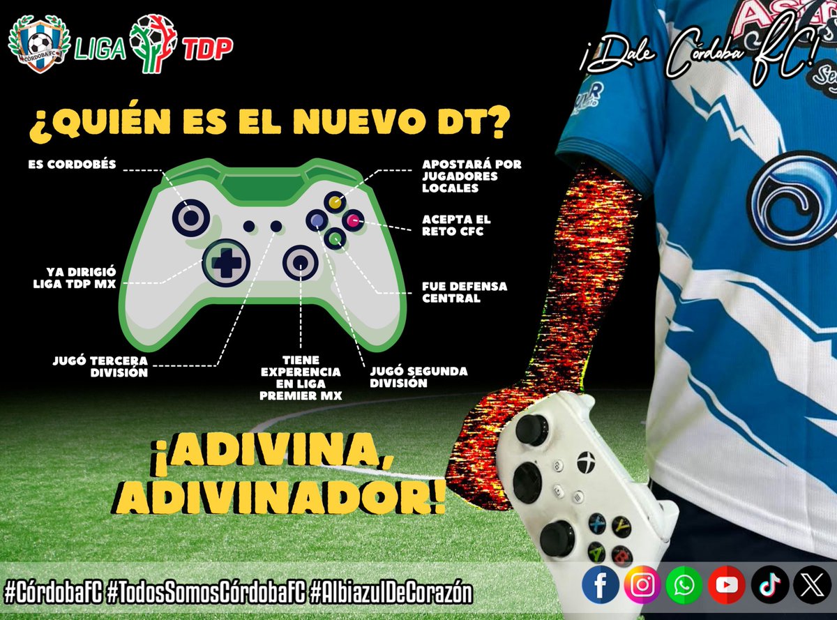 Se acerca la hora de conocer al timonel del primer equipo para la temporada 2025-26 de la Liga TDP MX; pero te dejamos algunas pistas. ¿Quién será? 🤔💙🎮⚽ ¡Dᴀʟᴇ Cᴏ́ʀᴅᴏʙᴀ FC! 💙

#CórdobaFCEsActitud
#HastaSerCampeón 💙🤲🏻🏆⚽
#DiezAñosDeGloria 🔵⚪