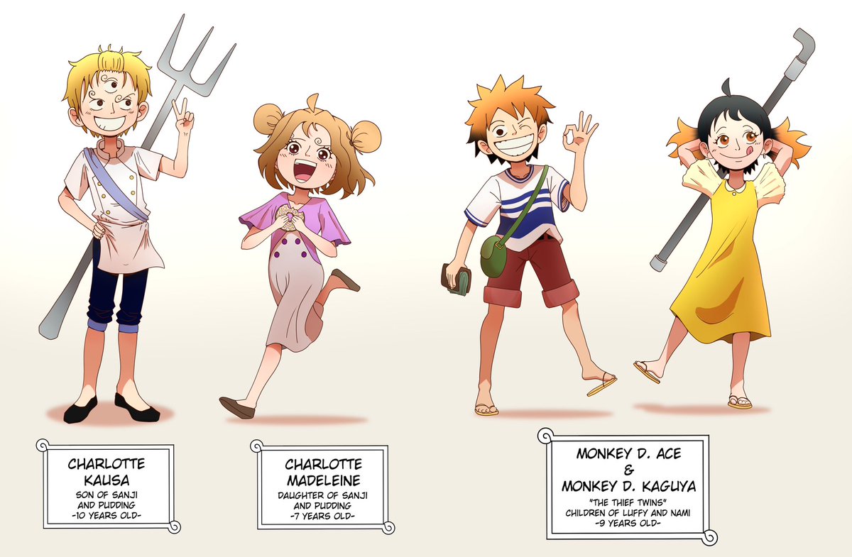 Before starting a big new fanart featuring older Luffy, Nami, Sanji, and Pudding, I wanted to properly design their kids first!
Here they are:
✨ Charlotte Kausa &amp; Charlotte Madeleine – Sanji and Pudding’s children
🍊 Monkey D. Ace &amp; Monkey D. Kaguya – the “Thief Twins,” children