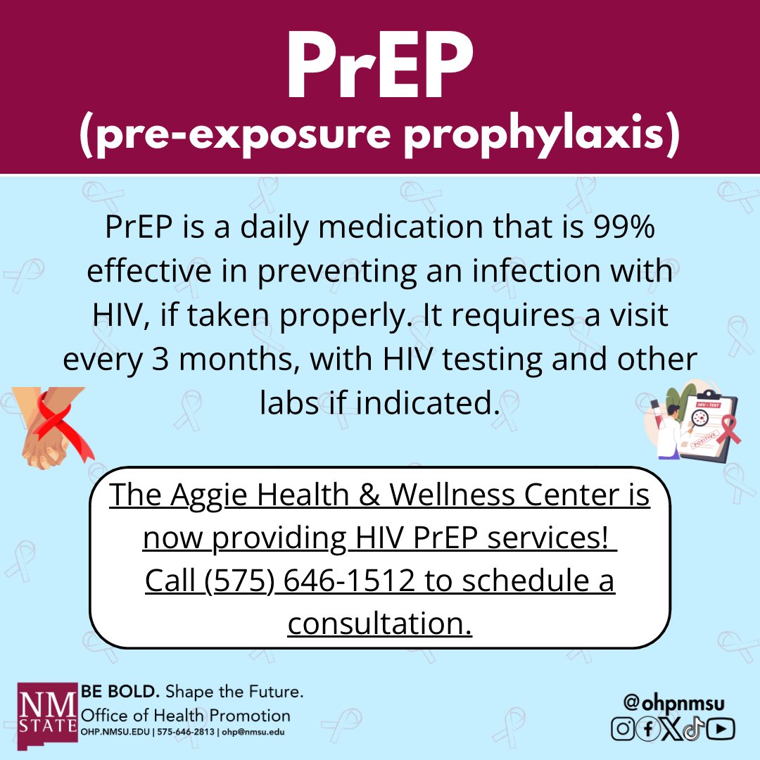 The Aggie Health and Wellness Center is now providing HIV PrEP services! Call 575-646-1512 to schedule a consultation. 

#nmsu #nmsuaggies #hivprevention #wellness