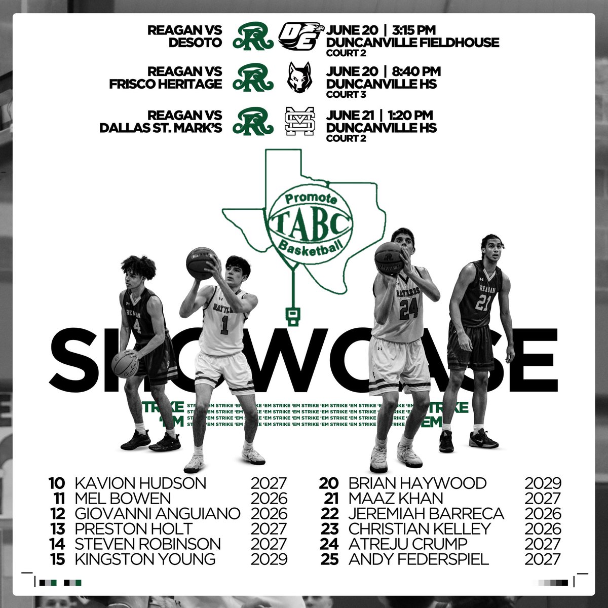 The Rattlers are headed to Duncanville for the TABC Showcase 🎯
3 games. 3 chances to show college coaches what Reagan Hoops is all about. 🐍

🗓️ June 20
vs DeSoto | 3:15 PM
vs Frisco Heritage | 8:40 PM

🗓️ June 21
vs Dallas St. Mark’s | 1:20 PM

Let’s rep the 210.