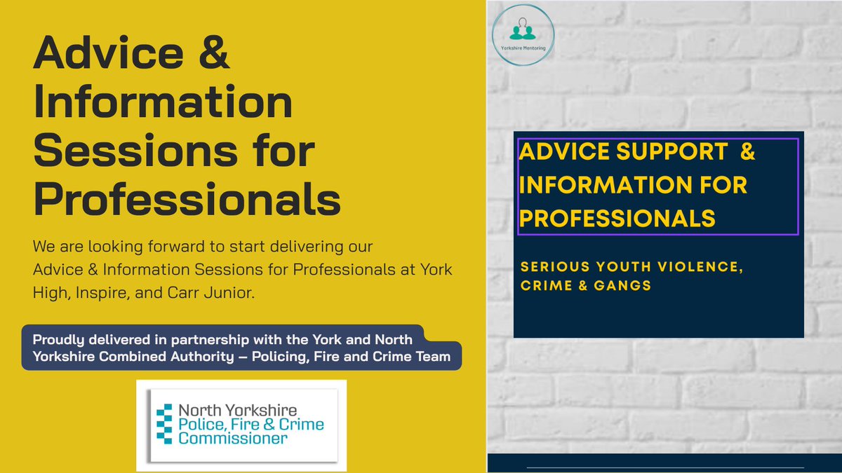 YorkshireMentor (@yorkshirementor) on Twitter photo Looking forward to delivering our Advice & Information Sessions for Professionals at York High, Inspire & Carr Junior! Delivered in partnership with the
<a href="/YNYCombined/">York and North Yorkshire Combined Authority</a>
#CommunitySafety #SeriousViolence #York #EducationMatters #EarlyIntervention #YorkshireMentoring Looking forward to delivering our Advice & Information Sessions for Professionals at York High, Inspire & Carr Junior! Delivered in partnership with the
<a href="/YNYCombined/">York and North Yorkshire Combined Authority</a>
#CommunitySafety #SeriousViolence #York #EducationMatters #EarlyIntervention #YorkshireMentoring