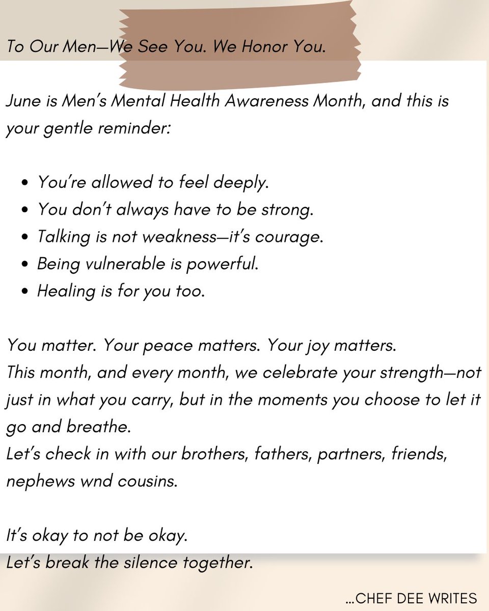 Strong doesn’t mean silent. This June, we stand with our men—honoring their mental health, their stories, and their strength in vulnerability.
To every man carrying silent battles—you matter, too. This month, we see you. 
#mensmentalhealthawarenessmonth #mensmentalhealth