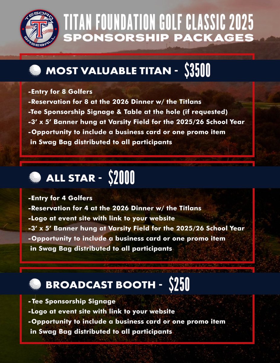 Tesoro Baseball (@tesorotitans_bb) on Twitter photo Join us for our 4th annual Tesoro Baseball Golf Classic at Tijeras Creek Golf Club. Register your foursome today on TesoroBaseball.com #SupportTesoroBaseball <a href="/OfficialTesoro/">Official Tesoro HS</a> Join us for our 4th annual Tesoro Baseball Golf Classic at Tijeras Creek Golf Club. Register your foursome today on TesoroBaseball.com #SupportTesoroBaseball <a href="/OfficialTesoro/">Official Tesoro HS</a>