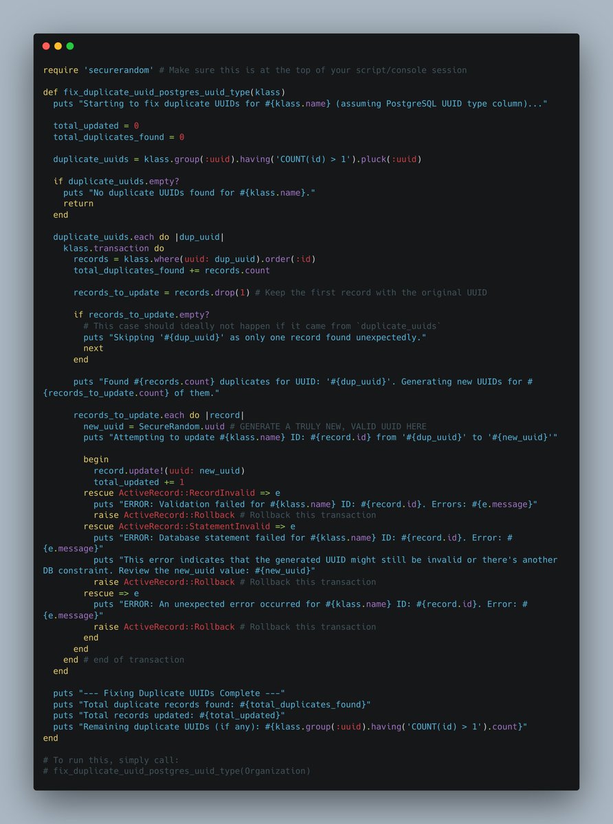 alazycoder2's tweet image. Tackling a common Rails/DB headache: duplicate UUIDs! 🤯 You can't just apply a UNIQUE constraint if the data's messy. My fix? A script to generate fresh, valid UUIDs using SecureRandom.uuid &amp; update safely. Clean data, happy database! #Rails #PostgreSQL #UUID #DBA #DevTips