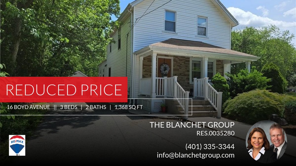 BlanchetGroup's tweet photo. 📍 Reduced Price 📍 This recently reduced home at 16 Boyd Avenue in East Providence won't last long, so, don't wait to set up a showing! Reach out here or at (401) 335-3344 for more information!

The Blanchet Group
RE/MAX Town &amp; Co... https://t.co/lXBLJKlVbF https://t.co/x9fvwa0EJq