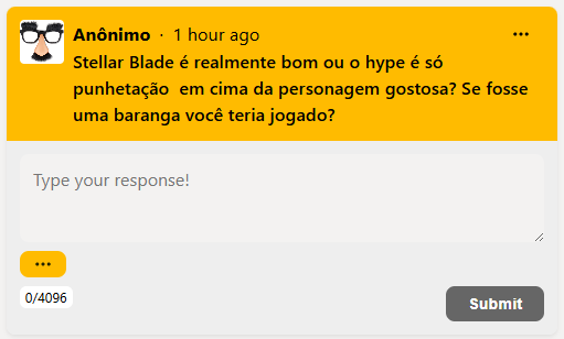 🫦⚔️ O gameplay é bem acima da média.

Na minha opinião ele tem o tempero gostoso de soulslike na proporção correta sem aquele masoquismo de ficar morrendo 20x até decorar todo o moveset do boss na memória muscular.

Mas obviamente eu não teria nem experimentado o jogo se fosse