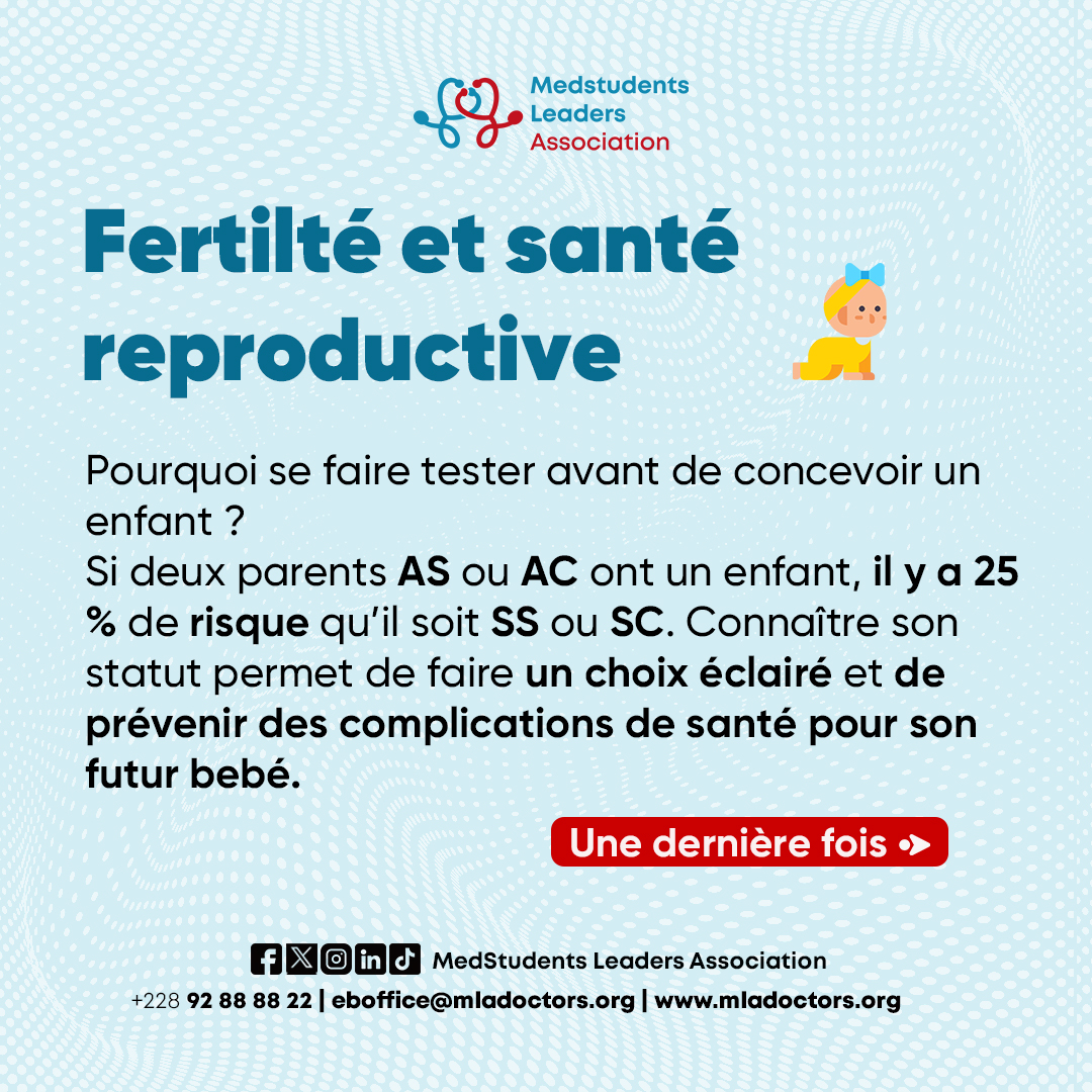 1 enfant sur 50 naît avec la drépanocytose au Togo.
Maladie génétique invisible mais douloureuse, elle mérite plus d'attention.
👉 Apprenons, partageons, soutenons.
#Drepanocytose #Santé #JournéeMondialeDrépanocytose #SolidaritéSanté