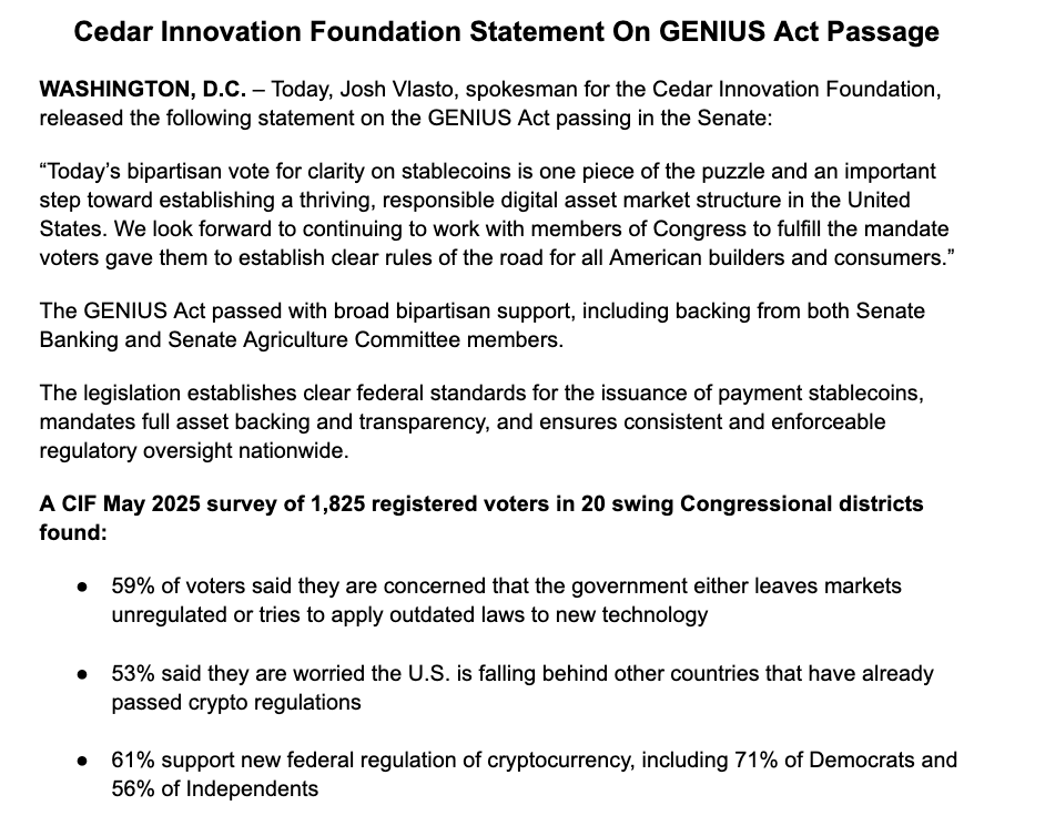 CIF statement on Senate passing the GENIUS Act:
