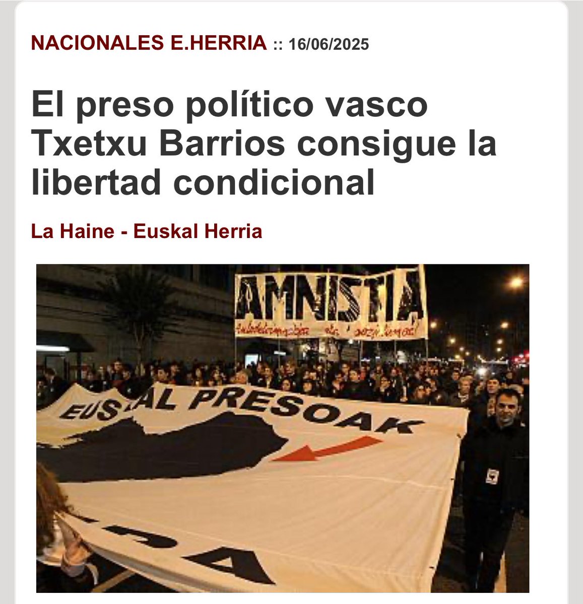 El titular está equivocado. Yo lo corrijo. 
“ El terrorista de ETA, asesino del concejal Alberto Jiménez -Becerril y su mujer Ascensión García, consigue sin pedir perdón ni colaborar con la justicia la libertad condicional”