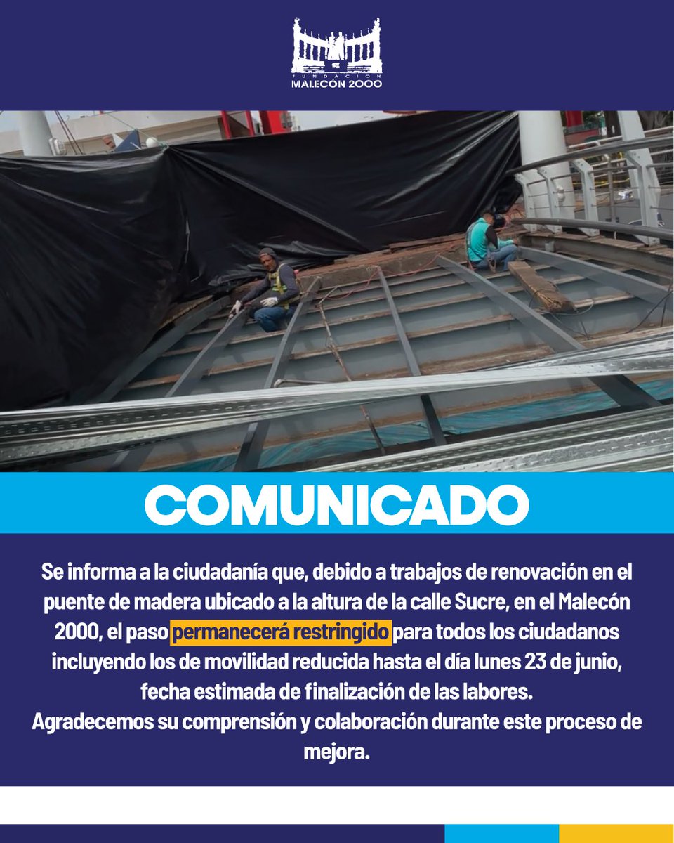 🚨 COMUNICADO SOBRE ARREGLOS EN EL PUENTE POR EL MUELLE SUCRE 🚨 

#CiudadDeTodos