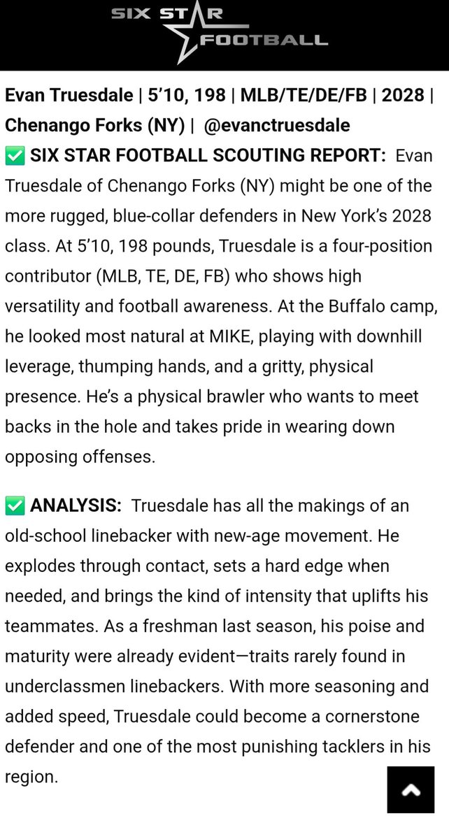 Evan Truesdale (@evanctruesdale) on Twitter photo Grateful to <a href="/sixstarfootball/">Six Star Football | PLUS+</a> for the recognition and the scouting report. 💪 Just getting started. <a href="/UBFootball/">UB Football</a> Grateful to <a href="/sixstarfootball/">Six Star Football | PLUS+</a> for the recognition and the scouting report. 💪 Just getting started. <a href="/UBFootball/">UB Football</a>