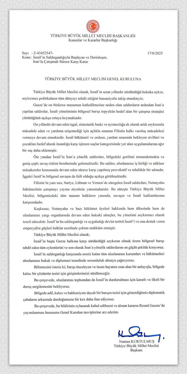 TBMM Genel Kurulu’nda, İsrail’in saldırganlığına ve İran’la gerilimi tırmandıran tutumuna karşı Meclis Başkanlığı tezkeresi oy birliğiyle kabul edildi.

Türkiye, Filistin’in ve bölge barışının yanında; savaşın ve zulmün karşısındadır. 

#TBMM