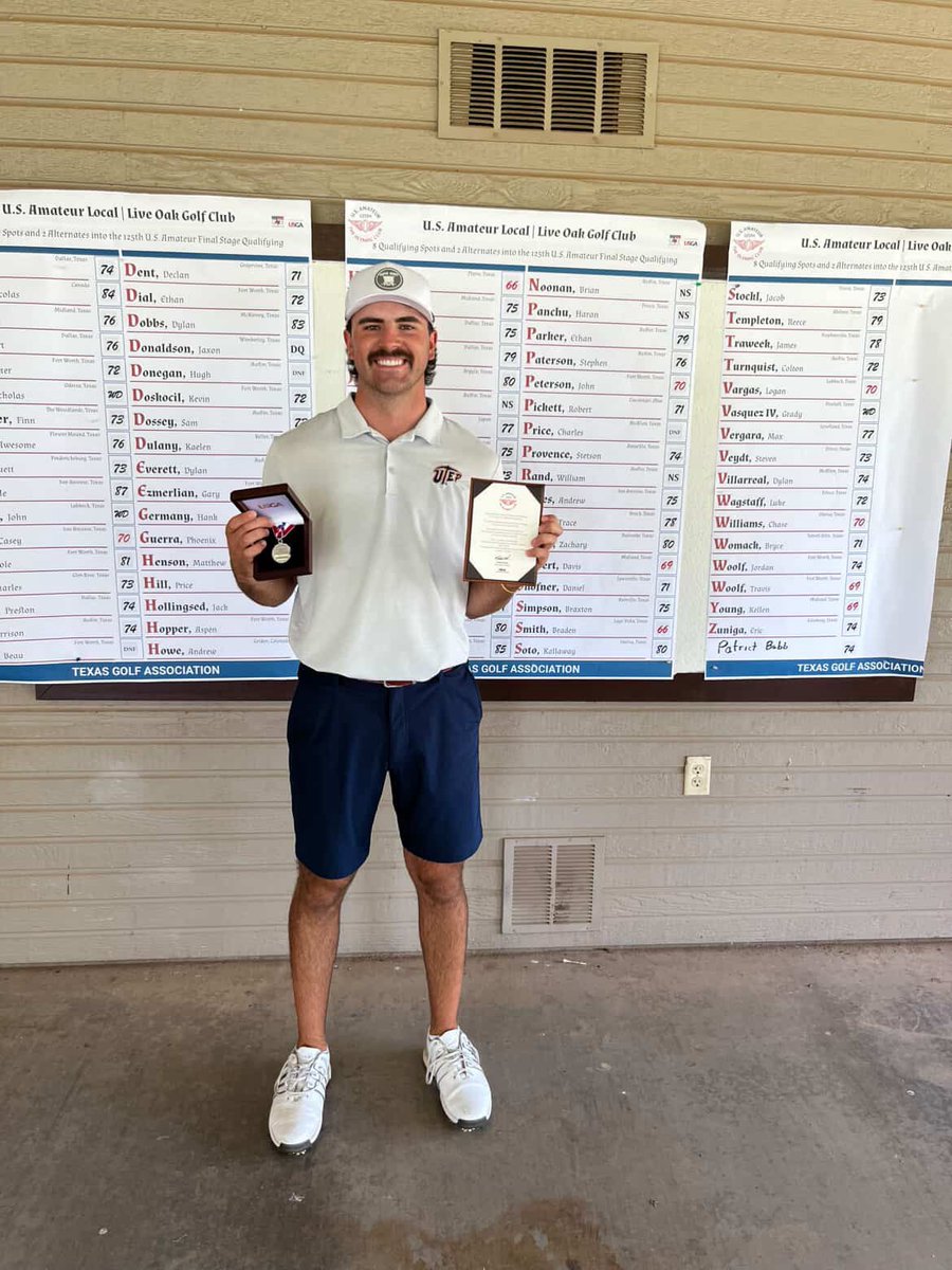 UTEPMGolf's tweet image. More big news from UTEP Men’s Golf: @bradensmithgolf shoots 66 (-5) at U.S. Amateur Local Qualifying to co-medal and qualify for a U.S. Amateur Final Qualifying spot (Date: TBD). Great job, Braden! Way to represent, UTEP! #PicksUp | #GoMiners 🤙