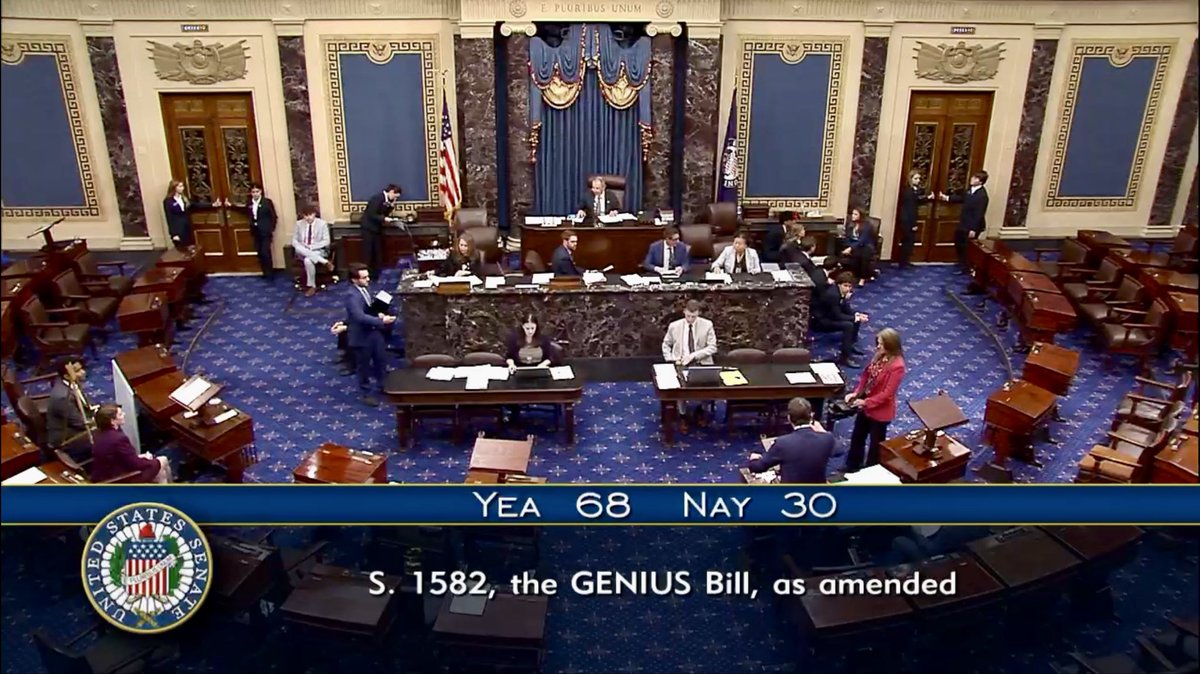 Faryar Shirzad 🛡️ (@faryarshirzad) on Twitter photo After months of negotiations and too many votes to count, the GENIUS Act has passed the Senate 68-30! This is a massive step towards making the US the world leader in digital assets and blockchain innovation. Huge congratulations to <a href="/SenatorHagerty/">Senator Bill Hagerty</a> <a href="/SenLummis/">Senator Cynthia Lummis</a> <a href="/SenatorTimScott/">Tim Scott</a> After months of negotiations and too many votes to count, the GENIUS Act has passed the Senate 68-30! This is a massive step towards making the US the world leader in digital assets and blockchain innovation. Huge congratulations to <a href="/SenatorHagerty/">Senator Bill Hagerty</a> <a href="/SenLummis/">Senator Cynthia Lummis</a> <a href="/SenatorTimScott/">Tim Scott</a>