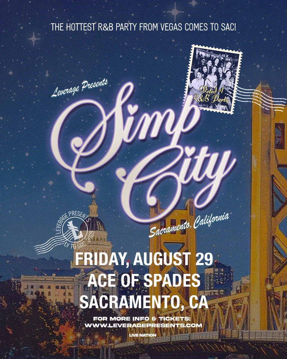 NEW SHOW: The hottest R&amp;B party from Las Vegas comes to Sacramento! Join us for Simp City on Friday, August 29th 🎲🕺

♠️ PRESALE: Tuesday, 6/17 @ 10AM 
CODE: TREBLE
♠️ ON SALE: Friday, 6/20 @ 10AM
 
🎟️ 🔗 in bio for tickets!
