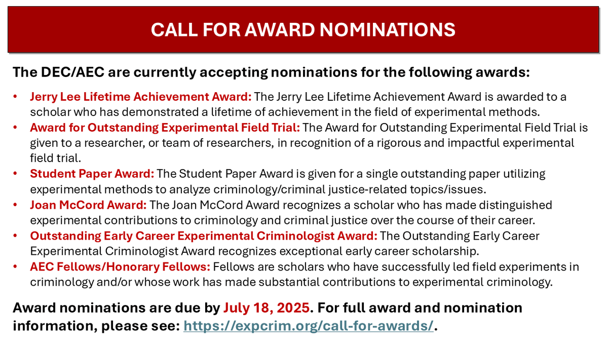 With #award season in full swing, it's time to nominate your students, colleagues &amp; mentors for DEC/AEC awards!

All #nominations must be submitted via email by July 18, 2025.

For more info re: awards, pls visit our awards page: expcrim.org/call-for-award….

Pls RT &amp; share widely!