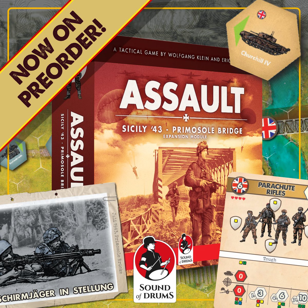 Now available as preorder: PRIMOSOLE  BRIDGE. An exciting expansion for SICILY 43. By preordering you will get an exclusive scenario booklet as gift from SoD. 

soundofdrumsgames.com/shop/assault-s…