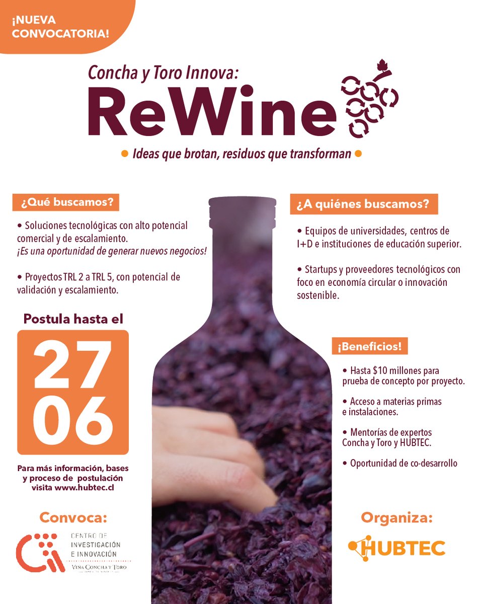 🍇 ReWine: Concha y Toro y HUBTEC lanzan una convocatoria para transformar subproductos del vino en soluciones tecnológicas con impacto. Buscamos propuestas en etapas tempranas que impulsen una industria circular. Postula hasta el 27/06 en hubtec.cl 🟠