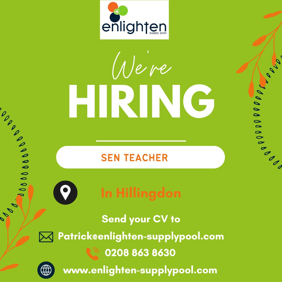 EnlightenPool's tweet photo. 📢 We’re hiring! Enlighten Supply Pool is looking for a passionate SEN Teacher to join a fantastic school in Hillingdon.

📩 Apply now or tag someone perfect for the role!

#SENTeacher #HillingdonJobs #EducationJobs #EnlightenSupplyPool #TeachingOpportunities #HiringNow https://t.co/m0jEAenSdM