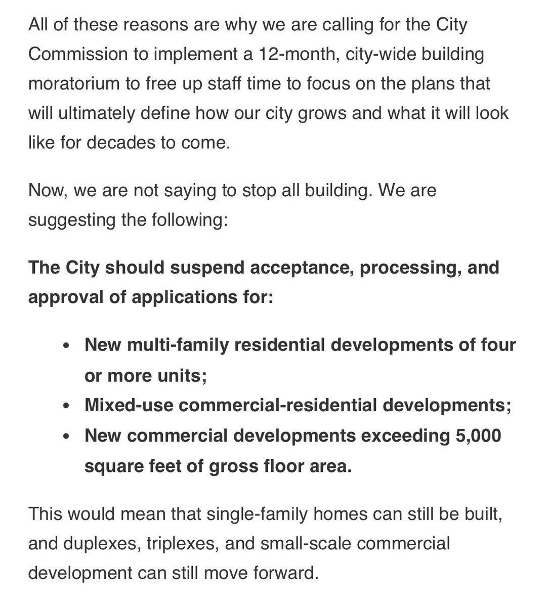 A moratorium on large, dense developments is just as misguided and ethically repugnant as a moratorium on new single family homes on large lots. 

Both policies are rooted in collectivism. 

Both policies infringe on our fundamental right to own and use our property. 

Neither