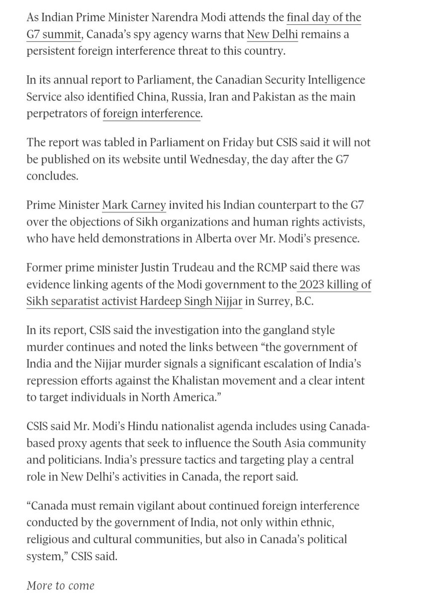 According to a CSIS report to be made public after the G7 concludes, India is listed as one of the main perpetrators of foreign interference in 🇨🇦 alongside China, Russia, Iran and Pakistan.

The report says investigation into Nijjar murder is still ongoing and not yet complete
