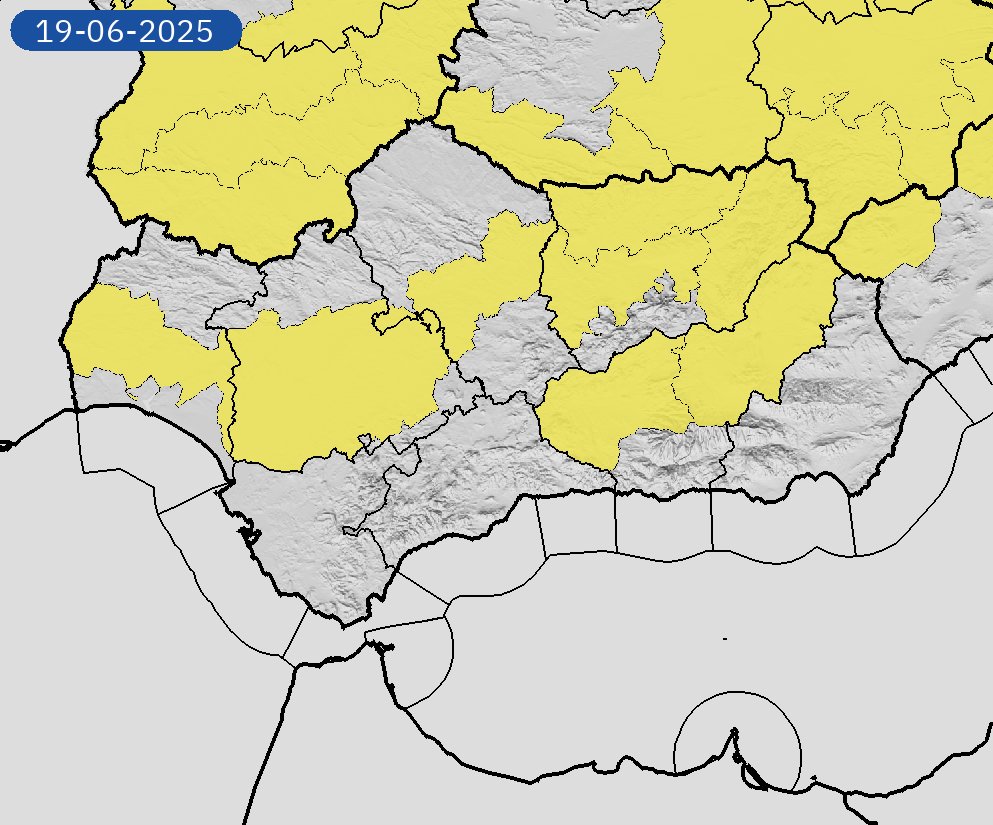 18/06 00:06 Avisos  activos hoy y mañana en Andalucía por temperaturas máximas y tormentas. Nivel máximo de aviso: naranja.
Actualizaciones en aemet.es/es/eltiempo/pr…