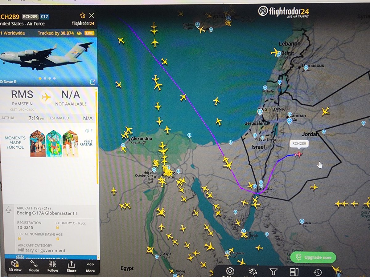 #OurLeaderKhamenei <a href="/PatrioticHun1/">Tehran</a> <a href="/TehranTimes79/">Tehran Times</a> @TehranDefence 
This Miltary aircraft departed from Ramstein Airbase Germany and landed 10 minuts ago in Jordan unknown place.