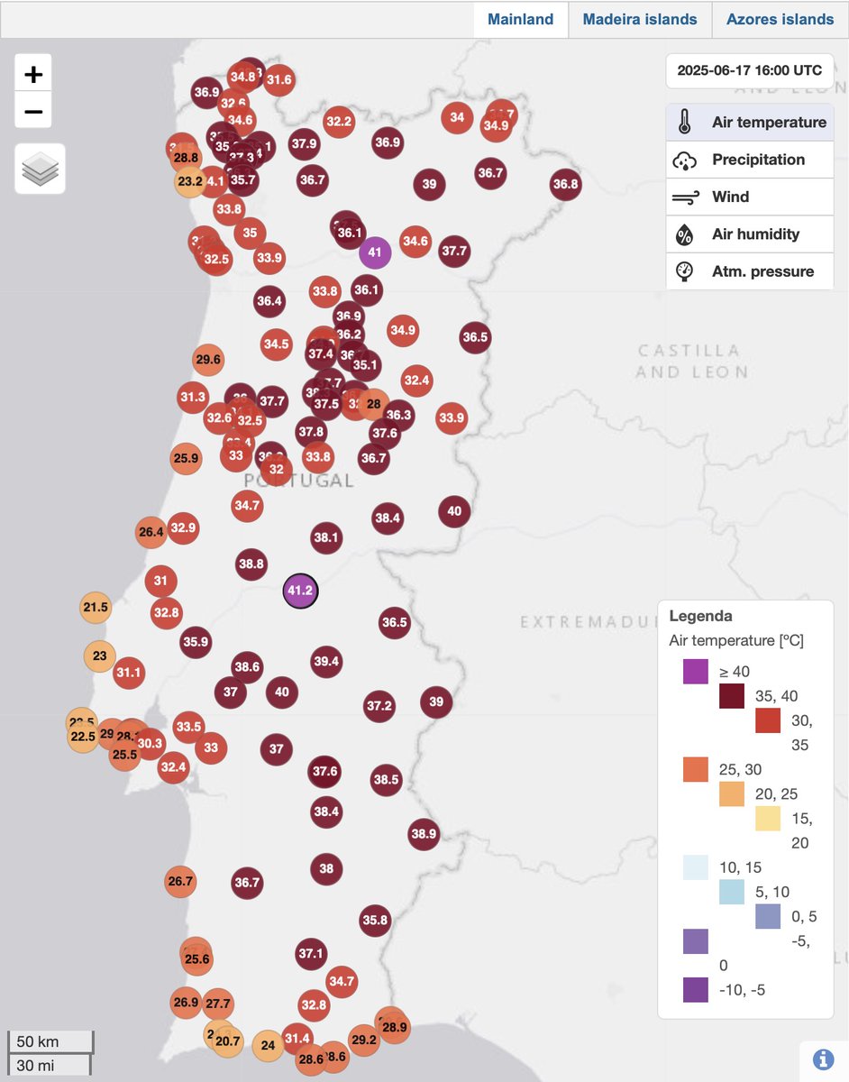 Hot day in France, Spain &amp; Portugal

🇪🇸
42.4°C Mérida &amp; Écija
42.3°C Fuente Palmera
42.1°C Andújar, Fuentes de Andalucía &amp; Córdoba
...
41.2°C Leiro (Galicia)

🇵🇹 [hourly max]
41.2°C Alvega
41.0°C Pinhão
40.0°C Zebreira &amp; Mora

🇫🇷
35.7°C Céret
35.2°C Narbonne
35.0°C Perpignan

1/2