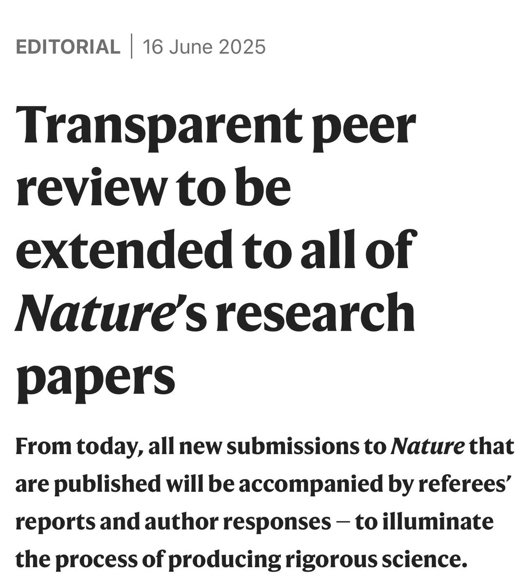 Big news from <a href="/Nature/">nature</a> 
🔍 Transparent peer review is now standard for all research papers.
Referee reports + author replies will be published with each article.

More clarity. More trust. More accountability.
How do you think this will affect science?

#Science #PeerReview