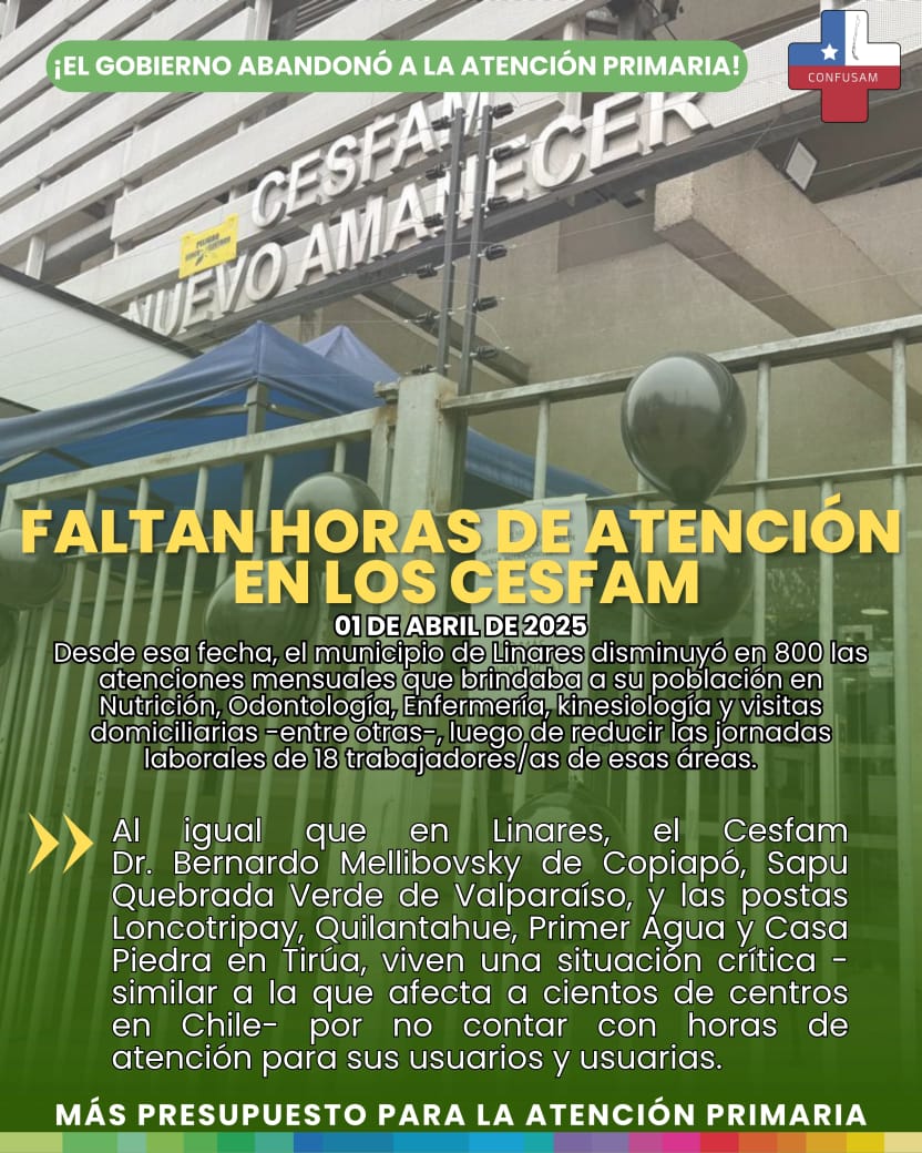 ConfusamChile's tweet image. FALTAN HORAS DE ATENCIÓN EN APS!!!
Al igual que en Linares, el Cesfam Dr. Bernardo Mellibovsky d Copiapó y las postas Loncotripay, Quilantahue, Primer Agua y Casa Piedra en Tirúa, viven una situación crítica x falta d horas para la atención.
#APSColapsada
#GobiernoAbandonóAPS