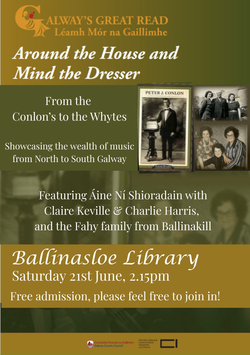 🎻 Around the House and Mind the Dresser 🎶
Join Áine Ní Shioradain in Ballinasloe Library (Sat 21 June, 2:15pm) for music, stories &amp; local tradition from the Conlons to the Whytes, feat. Claire Keville, Charlie Harris &amp; the Fahy family.  Free &amp; all welcome! #GalwayHeritage