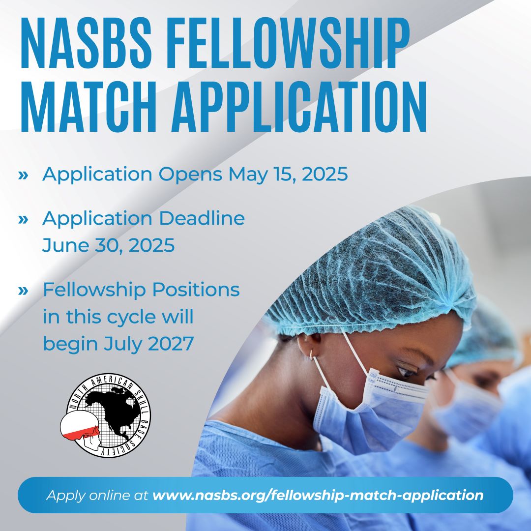 NASBSorg's tweet image. The NASBS Skull Base Fellowship Match Application deadline is June 30, 2025. If you are pursuing a career in skull base surgery, now’s the time submit your application! View a list of participating programs on the NASBS website. 1l.ink/3RT8RGR