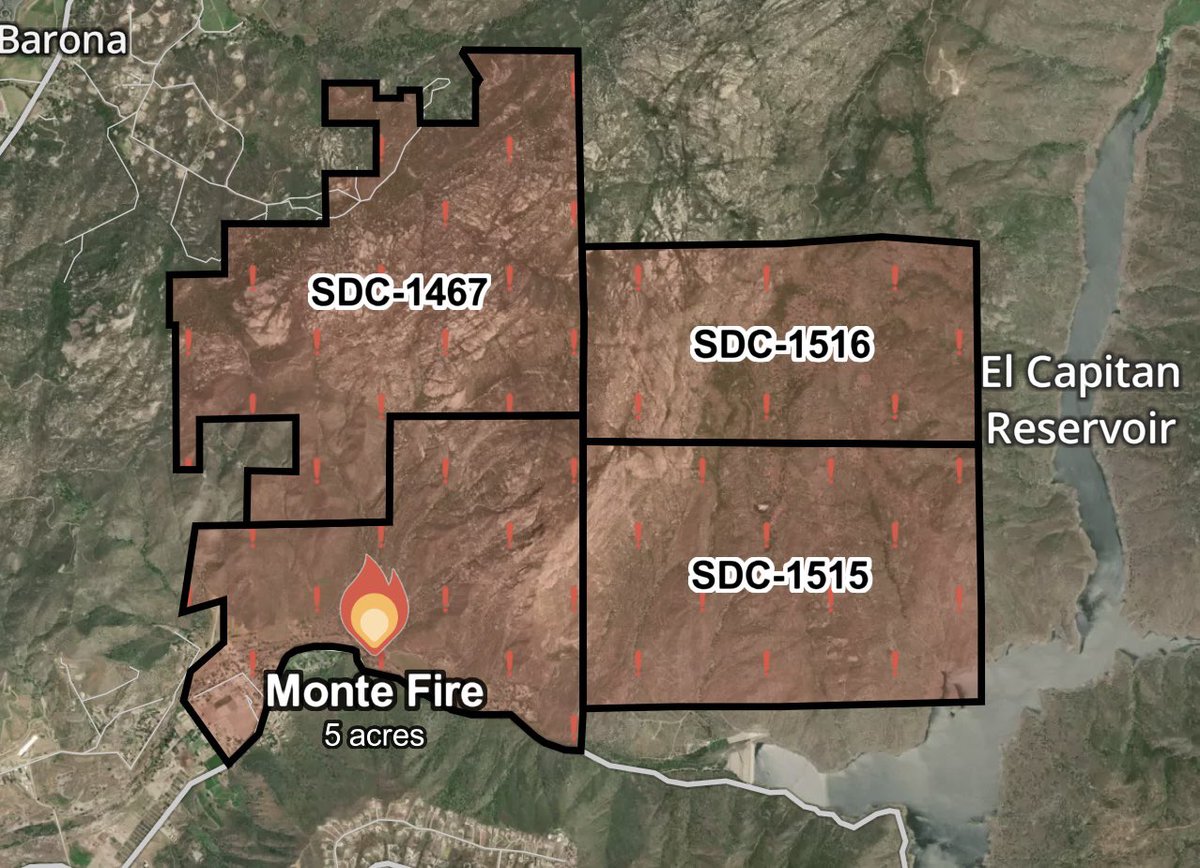 SDSheriff's tweet photo. #MonteFire A brush fire is burning near the 15000 block of El Monte Road in Lakeside.

An EVACUATION ORDER is in place for the shaded areas in red shown in the maps below. It means everyone in the impacted area must leave immediately.

To see maps of the affected areas, visit: https://t.co/9kDEqVe8tp and https://t.co/W02RwhOqC5.  

This is a developing situation and the information we provide is current at the time of posting. 

Please follow @CALFIRESANDIEGO @SDSheriff @AlertSanDiegoCo for updates.