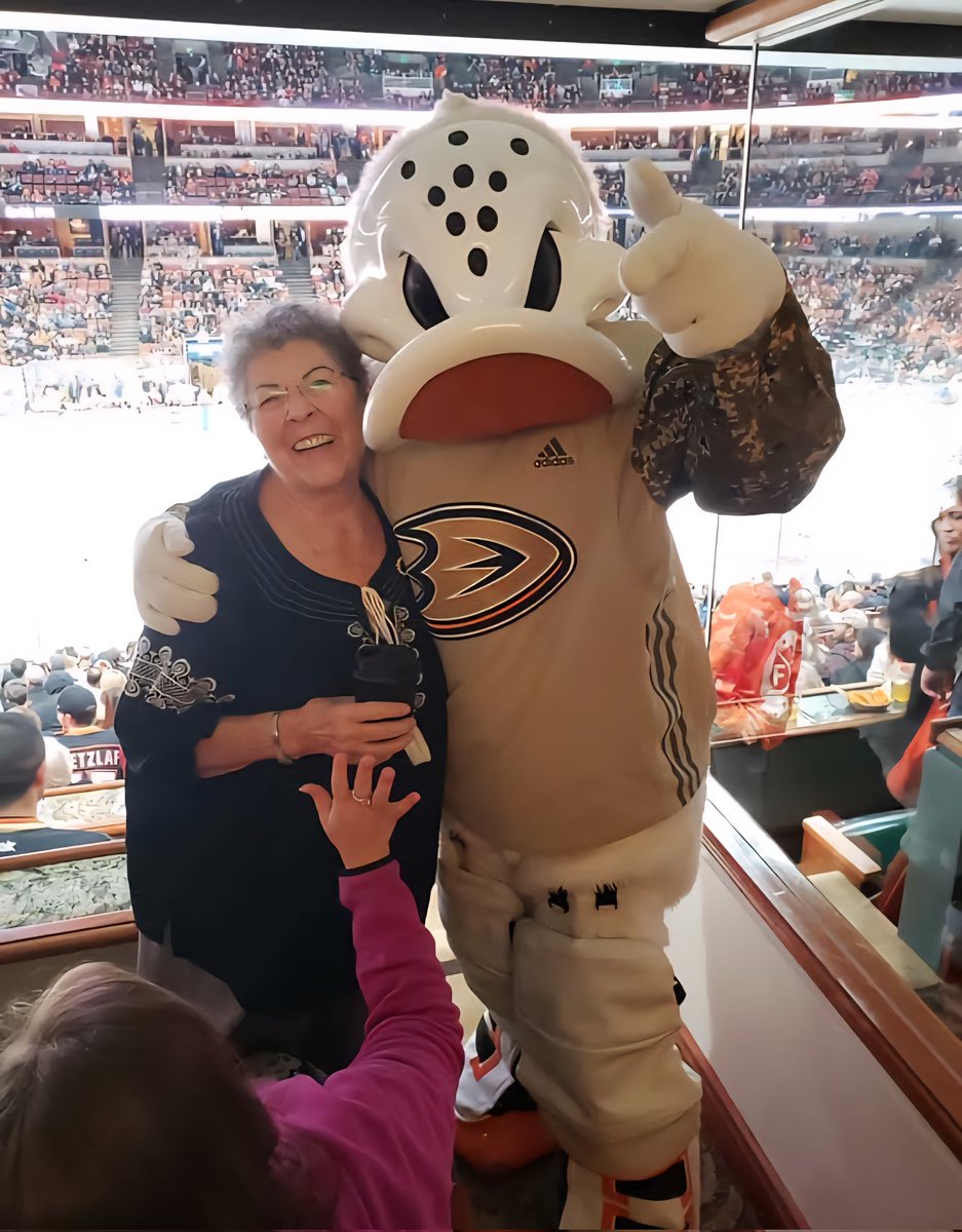 <a href="/WildWingANA/">Wild Wing</a> <a href="/AnaheimDucks/">Anaheim Ducks</a> Wild Wing ventured into the Toshiba Suite and made my 85yr old mom feel like a kid again. Biggest smile and laughter on her face. Best Memories now that she passed last year.  Wild Wing is the Best! Thanks Ducks! #flytogether #letsgoducks