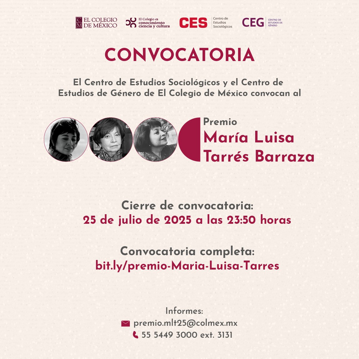 CES-COLMEX (@ces_colmex) on Twitter photo 📢 Invitamos a participar en la convocatoria del Premio María Luisa Tarrés Barraza.
📄🔍 Consulta la convocatoria completa en: bit.ly/premio-Maria-L…
❗️📆 Cierre de convocatoria: 25 de julio de 2025
<a href="/IISUNAM/">IISUNAM</a> <a href="/ExtensionFCPyS/">PolíticasUNAM</a> <a href="/CIEGUNAM/">CIEG UNAM</a> <a href="/FlacsoMx/">FLACSO México</a> <a href="/COMECSO/">COMECSO</a> <a href="/RMS_UNAM/">Revista Mexicana de Sociología</a> <a href="/CEGColmex/">CEG Colmex</a> 📢 Invitamos a participar en la convocatoria del Premio María Luisa Tarrés Barraza.
📄🔍 Consulta la convocatoria completa en: bit.ly/premio-Maria-L…
❗️📆 Cierre de convocatoria: 25 de julio de 2025
<a href="/IISUNAM/">IISUNAM</a> <a href="/ExtensionFCPyS/">PolíticasUNAM</a> <a href="/CIEGUNAM/">CIEG UNAM</a> <a href="/FlacsoMx/">FLACSO México</a> <a href="/COMECSO/">COMECSO</a> <a href="/RMS_UNAM/">Revista Mexicana de Sociología</a> <a href="/CEGColmex/">CEG Colmex</a>