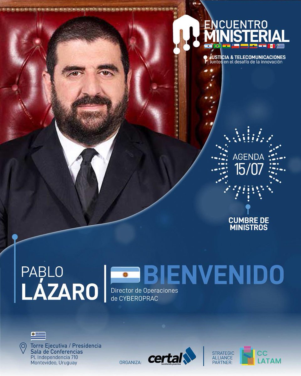CERTAL (@certalatam) on Twitter photo Desde el ámbito de la ciberseguridad y la cooperación internacional, <a href="/PabloALazaro/">Pablo Lázaro</a> , Director de Operaciones de CYBEROPRAC, se suma al Encuentro de Ministros de América del Sur como experto invitado.
📍 El evento se realizará los días 15 y 16 de julio de 2025, en la Sala de la Desde el ámbito de la ciberseguridad y la cooperación internacional, <a href="/PabloALazaro/">Pablo Lázaro</a> , Director de Operaciones de CYBEROPRAC, se suma al Encuentro de Ministros de América del Sur como experto invitado.
📍 El evento se realizará los días 15 y 16 de julio de 2025, en la Sala de la