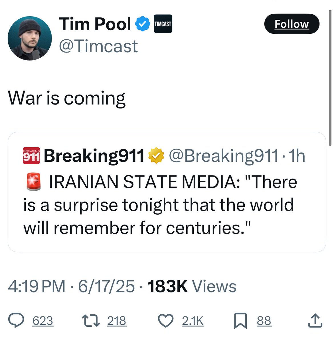 Honestly, from what I’ve read, so far, from Trump and Iranian State Media, it’s sounds like they’re fighting this out on social media and I’m ok with that.