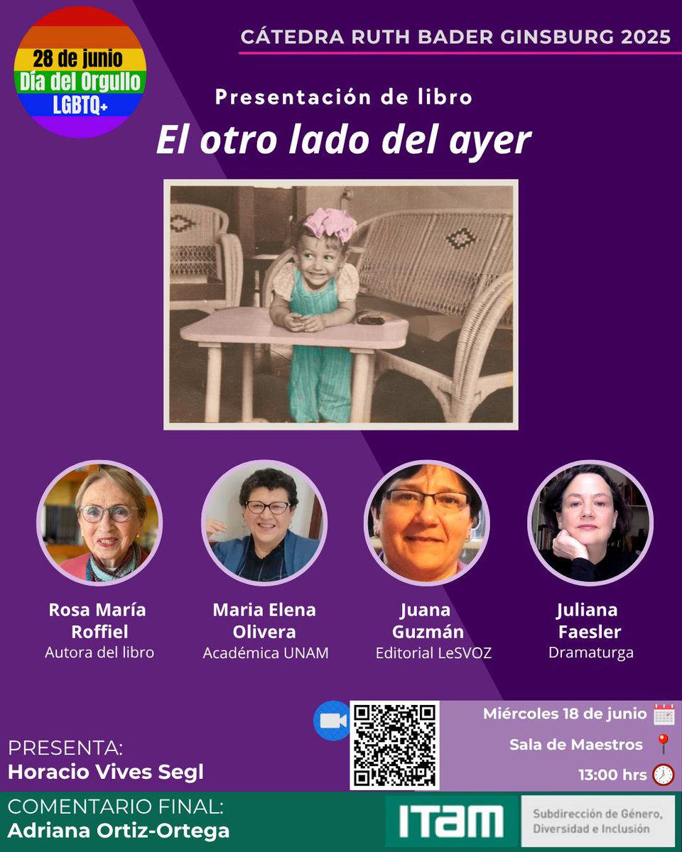 Horacio Vives Segl (@hvivessegl) on Twitter photo 📢🏳️🌈#MesDelOrgullo
MAÑANA
📚Presentación del libro de Rosa María Roffiel
El otro lado del ayer
<a href="/lesvoz/">LeSVOZ, A. C.</a>
Juliana Faesler, Juana Guzmán, María Elena Olivera
🗓️Miércoles 18 de junio
⏰1pm
📍Sala de Maestros
<a href="/DAE_ITAM/">Asuntos Estudiantiles ITAM</a> <a href="/ITAM_mx/">ITAM</a> <a href="/Diversidad_ITAM/">diversidad sexogenérica itam 🏳️⚧️🏳️🌈</a> <a href="/CPoliticaITAM/">CienciaPolítica ITAM</a> <a href="/RRII_ITAM/">Relaciones Internacionales ITAM</a> <a href="/Derecho_ITAM/">Derecho ITAM</a> 📢🏳️🌈#MesDelOrgullo
MAÑANA
📚Presentación del libro de Rosa María Roffiel
El otro lado del ayer
<a href="/lesvoz/">LeSVOZ, A. C.</a>
Juliana Faesler, Juana Guzmán, María Elena Olivera
🗓️Miércoles 18 de junio
⏰1pm
📍Sala de Maestros
<a href="/DAE_ITAM/">Asuntos Estudiantiles ITAM</a> <a href="/ITAM_mx/">ITAM</a> <a href="/Diversidad_ITAM/">diversidad sexogenérica itam 🏳️⚧️🏳️🌈</a> <a href="/CPoliticaITAM/">CienciaPolítica ITAM</a> <a href="/RRII_ITAM/">Relaciones Internacionales ITAM</a> <a href="/Derecho_ITAM/">Derecho ITAM</a>