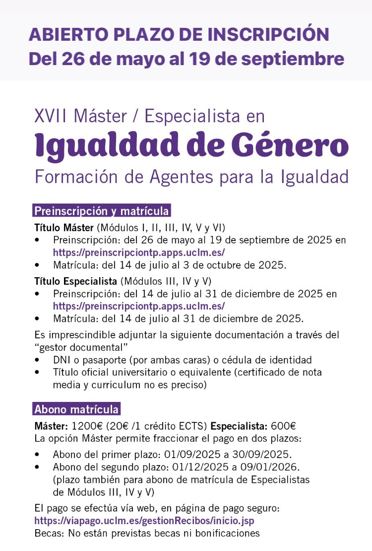 MIgualdadUCLM's tweet photo. ABIERTO PLAZO DE INSCRIPCIÓN
Del 26 de mayo al 19 de septiembre
https://t.co/0vhocX9IrJ
@MIgualdadUCLM
@Udelaruy
@UnicoopCancun
@cooperativasubte
@uclm_es
#mujeres #igualdad #mastergenero #masterdegenero #formacion #universidad https://t.co/KSWpHa4wUP
