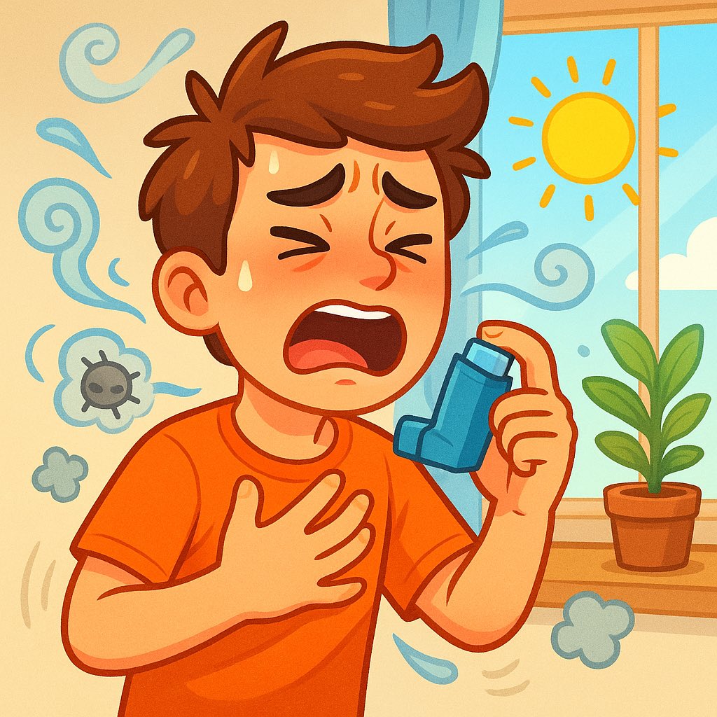 【気管支喘息の“引き金”とは？】
おはようございます。今日も、熱い一日になりそうです。熱中症に気をつけましょう！

Q：次のうち、気管支喘息の発作を引き起こす原因（トリガー）として最も適切なものはどれでしょう？

1️⃣ 暖かく湿った気候
2️⃣ ダニ・カビ・ペットの毛などのアレルゲン
3️⃣