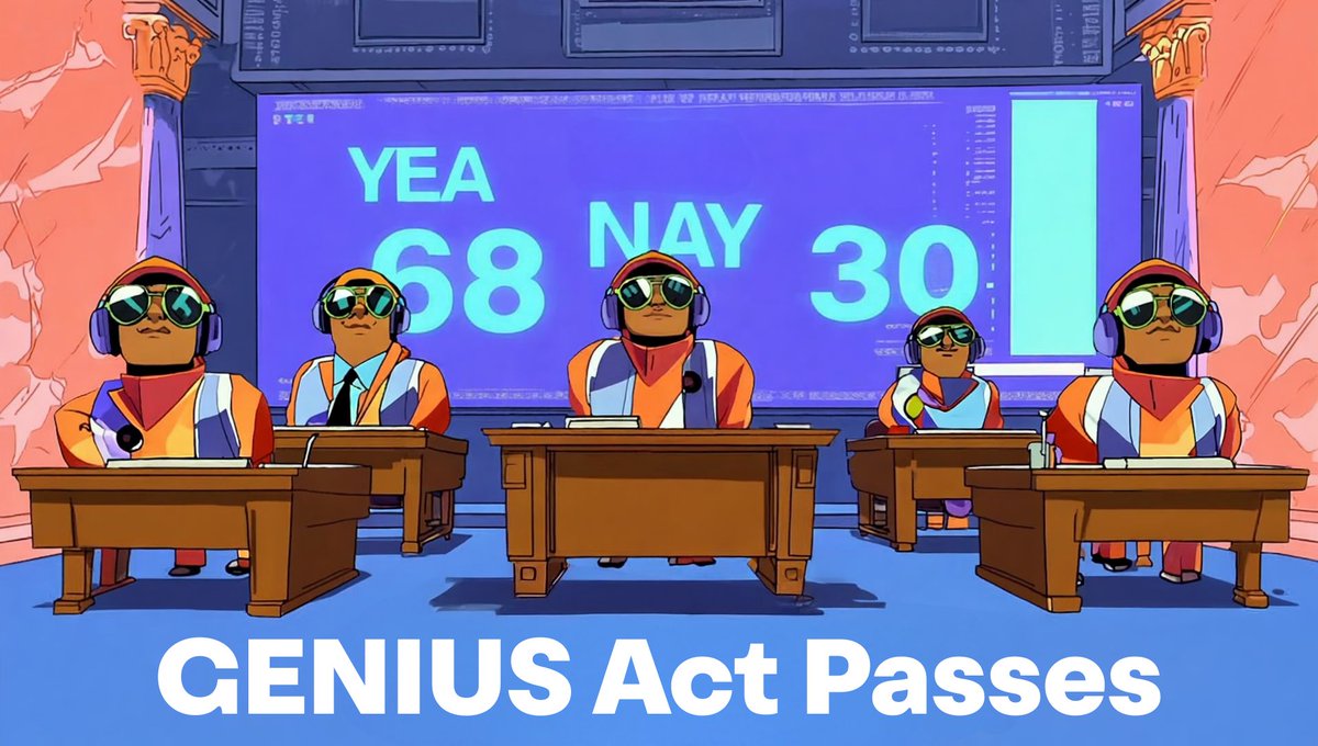 Big win today! 

The US Senate passed the GENIUS Act 
(68–30) ✅ 

Stablecoin guardrails + consumer protection = signal that crypto is becoming infrastructure.

Builders, get ready.

Decentralize everything.