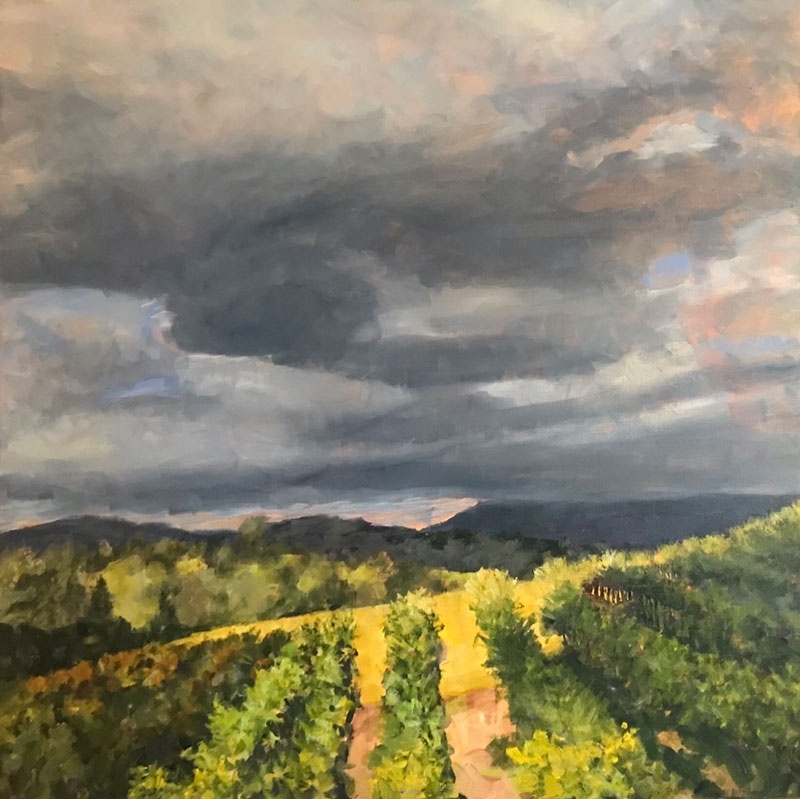 This piece by David Gates brings a clear focal point to the sunshine below a storm. We're left wondering, "What will come next?"⁠
⁠
"La Cienega Vines", acrylic on canvas, 36 x 36 inches⁠
⁠
#impressionism #vineyard #artgallery #California #largepainting