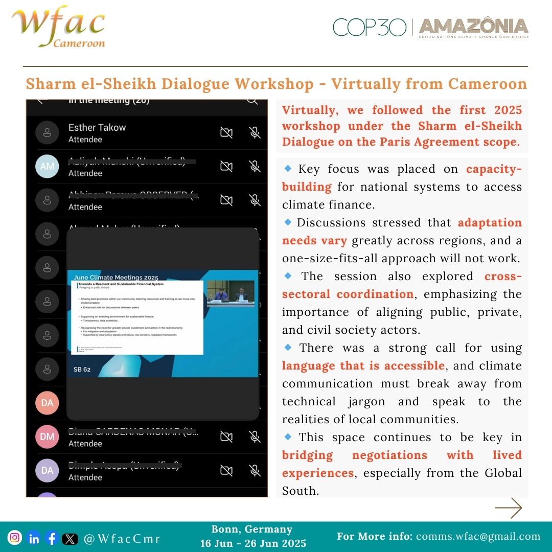 WfacCmr's tweet photo. #SB62 – Day 2 Highlights!
From early morning strategy huddles to rich conversations on adaptation, agriculture, and feminist climate action, Day 2 at the Bonn Climate Conference was full of energy and impact.

We engaged in key negotiations, met with the COP30 Presidency team, and spotlighted stories from the ground that remind us why inclusive solutions matter.

Catch the full recap here: https://t.co/BT52I3yKYB
Stay updated on our WhatsApp channel: https://t.co/PTUon2smgo

#SB62 #COP30 #FeministClimateAction #WfacAt15 #ClimateJustice
