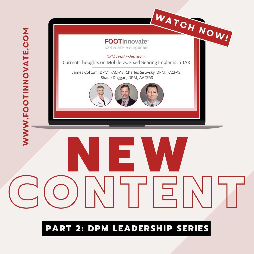 FootInnovate's tweet image. STREAM NOW: ow.ly/bVNm50Wb5iO
DPM Leadership Series: Current Thoughts on Mobile vs. Fixed Bearing Implants in TAR 
with James Cottom, DPM; Charles Sisovsky, DPM; Shane Duggan, DPM

#TotalAnkleReplacement #OrthopedicSurgery #FootAndAnkle #AnkleImplants #Podiatry