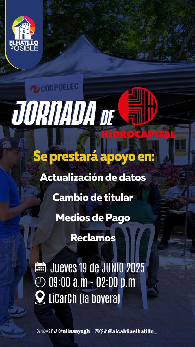 📣 #ServiciosEHInforma   | 💧#Jornada

El próximo jueves *#19Jun* se llevará a cabo una nueva jornada de atención al ciudadano por parte de *#Hidrocapital*.

Se atenderán requerimientos relacionados con:

💦 Actualización de datos.
💦 Cambio de titular.
💦 Medios de pago