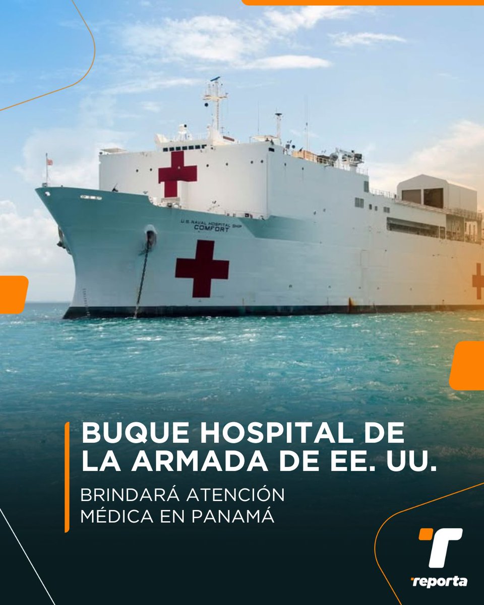 TReporta's tweet photo. La Embajada de Estados Unidos en Panamá (@USEmbPAN) da a conocer que el USNS Comfort, el buque hospital clase Mercy de la Armada de EE. UU., estará llegando a Panamá en los próximos días.

Detalla que brindará atención médica especializada y realizará actividades comunitarias, y que actualmente se están preparando junto con el @minsapma para recibirlo.

El Comando Sur de las Fuerzas Navales de EE. UU. indica que el USNS Comfort será desplegado en Latinoamérica y el Caribe entre junio y agosto, como parte de la misión Promesa Continua 2025.
