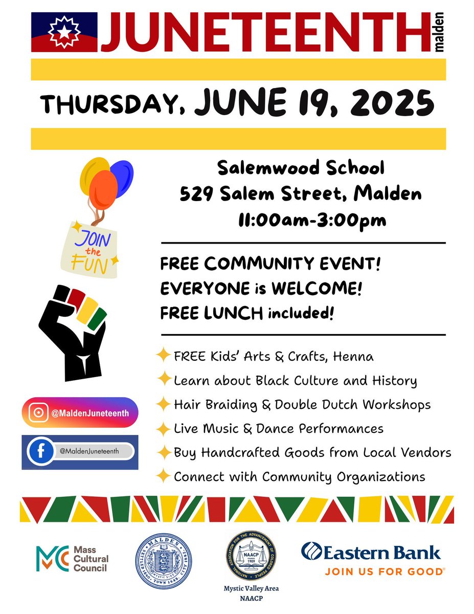 🎉 Malden’s Juneteenth Celebration is BACK!
📅 Thursday, June 19, 2025
🕚 11:00AM–3:00PM
📍 Salemwood School, 529 Salem St, Malden

💥 FREE community event for all ages!
🍴 Free lunch included

Let’s honor the past and celebrate freedom, unity, and culture!