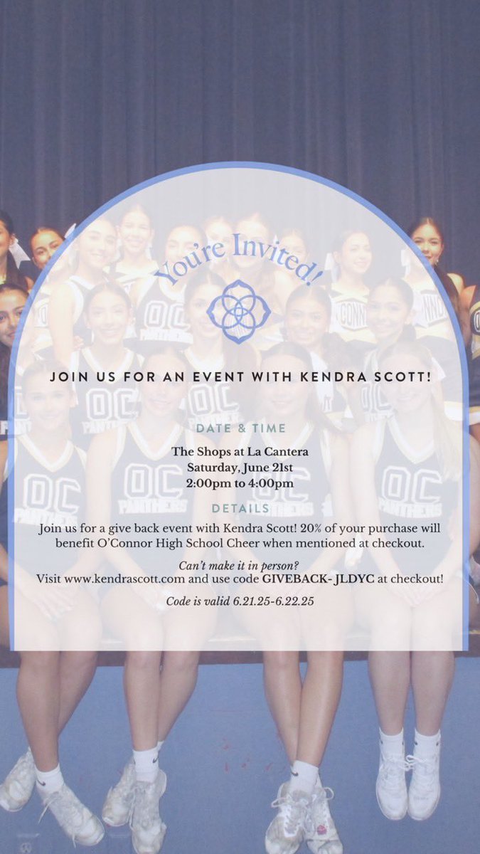 Please support OC Cheer at Kendra Scott La Cantera! Saturday, June 21st 2-4pm!