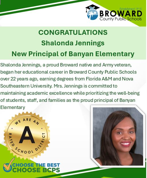 🌟 BCPS Hiring Spotlight! 🌟
Congratulations to Shalonda Jennings on her appointment as the new Principal of Banyan Elementary! Her passion for student success and commitment to excellence will make a lasting impact on the school community. #ChooseTheBestChooseBCPS
