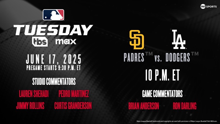 TNT Sports U.S. PR (@tntsportsus) on Twitter photo ๐จ: Late-night NL West Showdown!
โพ๏ธ: <a href="/Padres/">San Diego Padres</a> vs. <a href="/Dodgers/">Los Angeles Dodgers</a>
๐: 10 p.m. ET
๐: Dodger Stadium
๐บ: TBS and <a href="/SportsonMax/">Sports on Max</a>
๐๏ธ: <a href="/BAndersonPxP/">Brian Anderson</a> and Ron Darling
Catch the studio crew <a href="/45PedroMartinez/">Pedro Martinez</a> <a href="/JimmyRollins11/">JIMMY ROLLINS</a> <a href="/cgrand3/">Curtis Granderson</a> and <a href="/LaurenShehadi/">Lauren Shehadi</a> at 9:30 p.m. ET for pregame coverage. ๐จ: Late-night NL West Showdown!
โพ๏ธ: <a href="/Padres/">San Diego Padres</a> vs. <a href="/Dodgers/">Los Angeles Dodgers</a>
๐: 10 p.m. ET
๐: Dodger Stadium
๐บ: TBS and <a href="/SportsonMax/">Sports on Max</a>
๐๏ธ: <a href="/BAndersonPxP/">Brian Anderson</a> and Ron Darling
Catch the studio crew <a href="/45PedroMartinez/">Pedro Martinez</a> <a href="/JimmyRollins11/">JIMMY ROLLINS</a> <a href="/cgrand3/">Curtis Granderson</a> and <a href="/LaurenShehadi/">Lauren Shehadi</a> at 9:30 p.m. ET for pregame coverage.